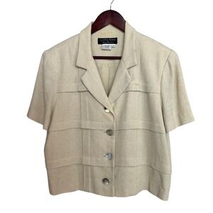 Cynthia Howie Blazer Womens 14 Cream Linen Rayon Short Sleeve Textured Jacket
